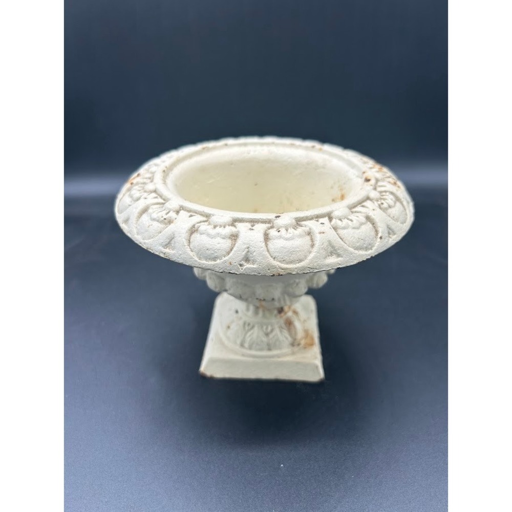 Vintage Style Cast Iron Garden Urn Planter Ornate Pedestal Off White 6in